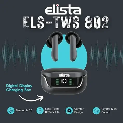 Elista ELS-TWS 802 True Wireless Earbuds, Crystal Clear Surround Sound, Quad Microphones (ENC Call Noise Reduction), Touch Control Features, Digital LED Battery Display