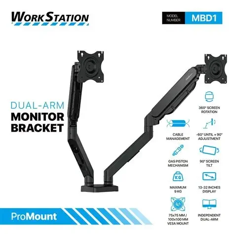 Fantech WorkStation ProMount MBD1 Monitor Arm, Dual Monitor Gas Spring Mount Stand, Supports 13”–32” Displays, 360° Full Rotation, -60° to +90° Tilt Adjustment