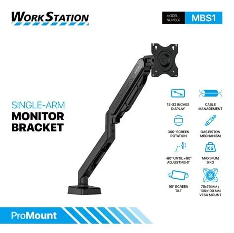 Fantech WorkStation ProMount MBS1 Monitor Arm, Single Gas Spring Monitor Stand, Supports 13”–32” Displays, 360° Full Rotation, -60° to +90° Adjustable Tilt Range