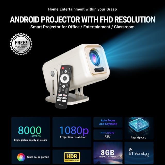 Ant Esports View 690AF Smart Projector, Full HD 1080p Android Projector, 8000 Lumens Brightness, HDR Support, Includes Free 120” Projection Screen