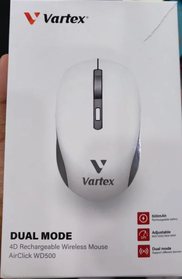 Vartex AirClick WD500 Wireless Mouse, Dual Mode Bluetooth + 2.4G, 500mAh Rechargeable Battery, 800–1600 DPI, 4D Ergonomic Mouse