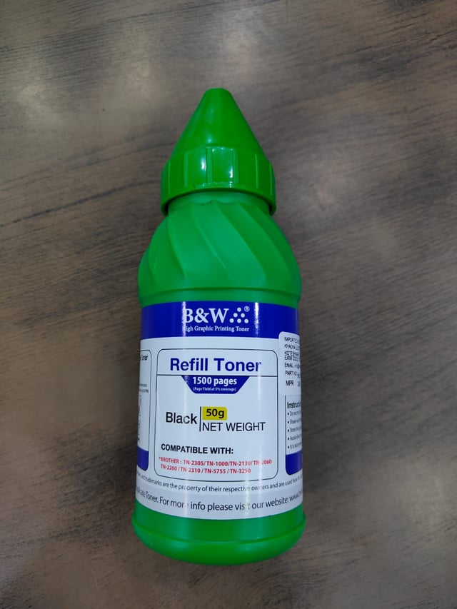 B&W Grade A Refill Toner Black 50g – 1,500 Pages Yield, Compatible Brother TN-2305/TN-1000/TN-2130/TN-2060/TN-2260/TN-2310/TN-5755/TN-3250, High Speed Laser Printer Toner Up to 35ppm
