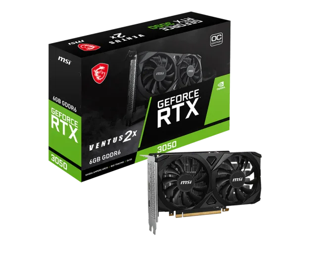 MSI GeForce RTX 3050 VENTUS 2X 6G OC, 6GB GDDR6, 2304 CUDA Cores, 1492MHz Boost Clock, PCIe Gen4