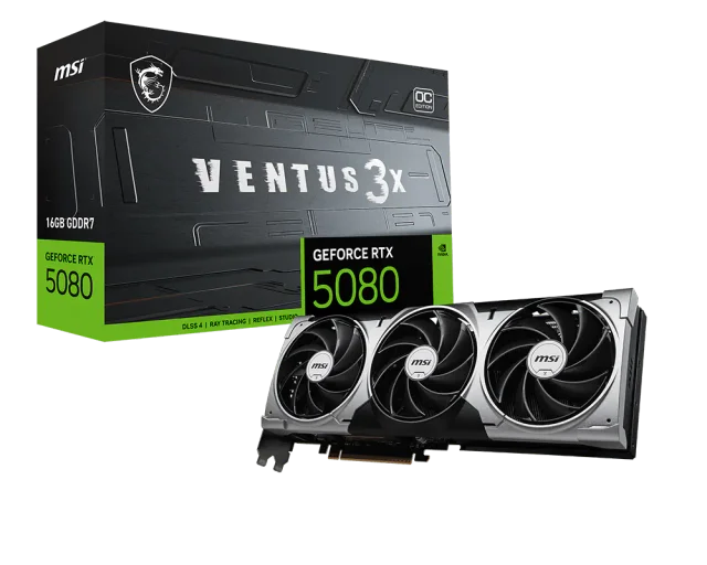 MSI GeForce RTX 5080 VENTUS 3X OC, 16GB GDDR7, 10752 CUDA Cores, 2640MHz Boost Clock, PCIe Gen5