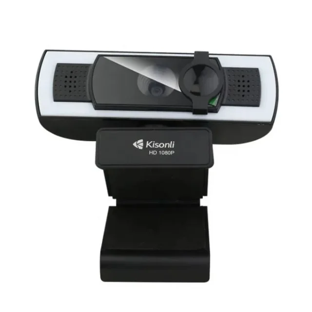 Kisonli D3 1080P USB Webcam with Microphone, Full HD 30FPS, CMOS Image Sensor, Wide-Angle Lens, LED Light