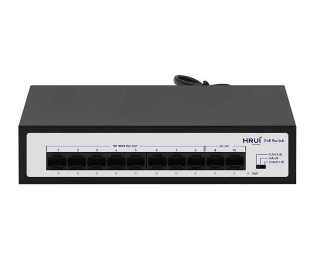 HRUI HR903-AF-82Y-80 8-Port Fast Ethernet PoE Switch, 8× PoE + 2× Uplink RJ45, 80W PoE Budget, 250m Extend Mode, VLAN & PoE Watchdog