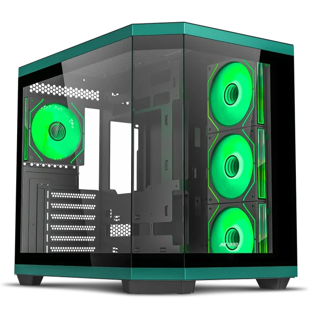 Ant Esports Crystal X11 Mid Tower Gaming Cabinet Green Black Dual Tempered Glass 4x120mm ARGB Fans USB Type-C ATX 360mm Radiator Support 410mm GPU Support