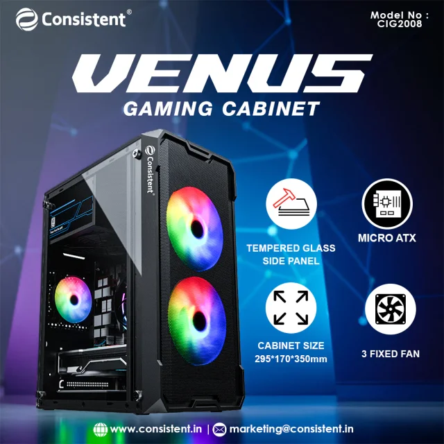Consistent Venus CIG2008 Gaming Cabinet with Tempered Glass, 3x120mm FRGB Fans, Micro-ATX Support, USB 3.0 Front I/O