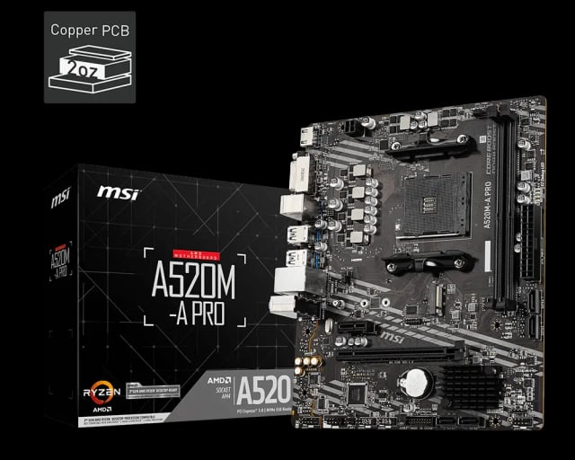 MSI A520M-A PRO, AMD A520, AM4, DDR4 64GB, 1× M.2