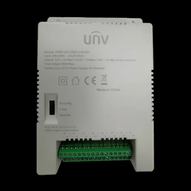 Uniview PWR-DC1208-C16-EU 16-Channel CCTV Power Supply, 12VDC Output, 8A Total, 0.5A Per Channel, 96W Total Power