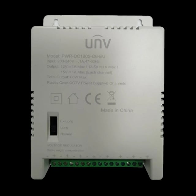 Uniview PWR-DC1205-C8-EU 8-Channel CCTV Power Supply, 12VDC Output, 5A Total, 1A Per Channel, 60W Total Power