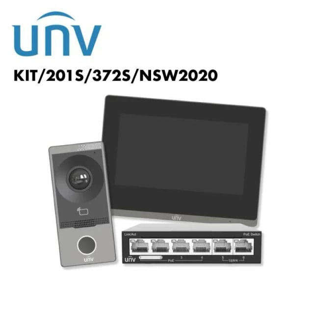 Uniview KIT/201S/372S Villa Video Intercom Kit, OEU-201S-HMK-W Outdoor Door Station, OEI-372S-H-W 7-Inch Indoor Monitor, 2MP Camera, 1024×600 Touchscreen