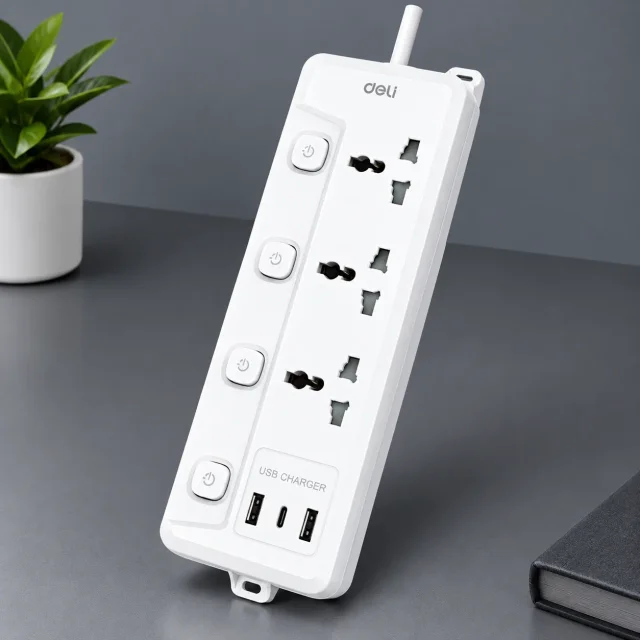 Deli ET710H Power Strip, 3-Socket Universal Extension Board, 2 USB-A + 1 USB-C Ports, 2500W, 10A
