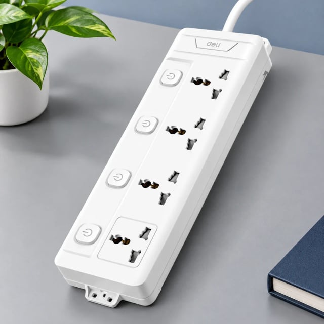 Deli ET421 Power Strip, 4-Socket Universal Extension Board, 2 Meter Cable, Individual Sub-Control Switches, 2500W