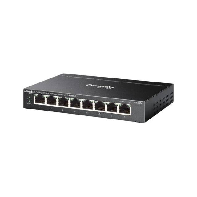 TP-Link Omada ES208GP 8-Port Gigabit Easy Managed PoE+ Switch, 8× Gigabit PoE+, 64W PoE Budget, 30W/Port, 16Gbps Switching