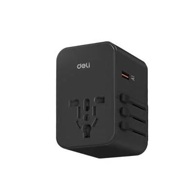 DELI ET766 Universal Travel Adaptor, 25W USB Fast Charging, 1 USB-A, 2 USB-C, EU/UK/US/AU Plugs & Socket