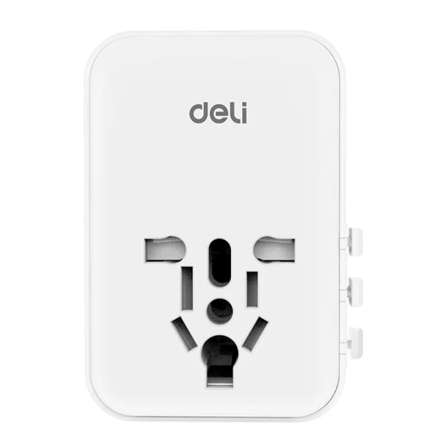 DELI ET767 Universal Travel Adaptor, 45W USB Fast Charging, 1 USB-A, 3 USB-C, EU/UK/US/AU Plugs & Socket