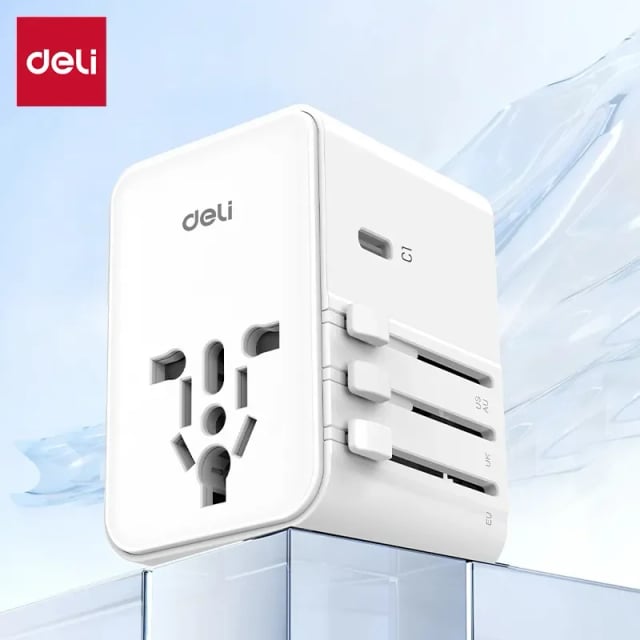 DELI ET768 Universal Travel Adaptor, 70W USB Fast Charging, 3 USB-A, 2 USB-C, EU/UK/US/AU Plugs & Socket